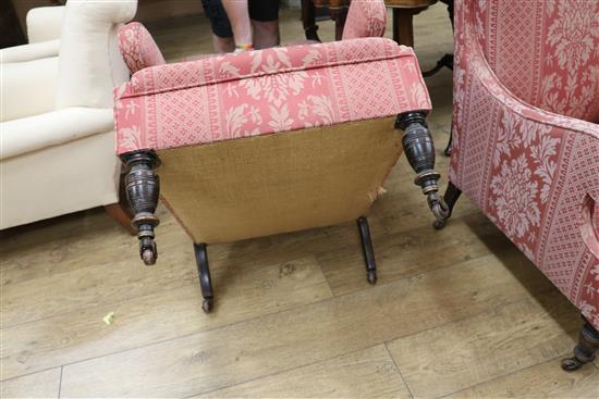 An Edwardian three piece salon suite sofa W.116cm